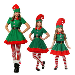 Hot Girls Boys Christmas Elf Family Costume Role Playing Outfit Green Santa Claus Party Performance Fancy Clothing for Men Women