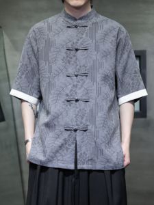 Summer Thin Cotton Linen Short Sleeve Shirt Mens Loose Large Size Embroidered Chinese Style Hanfu Casual T-shirt Youth Fashion