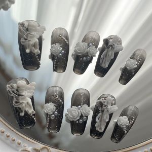 10 Chiếc Handmade Hình Quan Tài Giả Móng Tay Đẹp Đêm Thiên Thần Móng Tay Nghệ Thuật Cho Nữ Dự Tiệc Sử Dụng Chất Liệu ABS