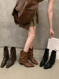 Western Style Short Boots Womens Pointed Toe Booties Brown Martin Boots Thick Heel Spring Autumn Fashionable Leather Boots