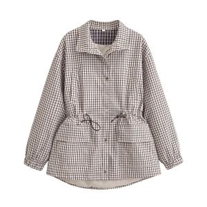 Womens Jacket 2026 Vintage Plaid Waist-Cinched Stand Collar Long Sleeve Loose Fit New Casual Street Elegant Womens Coat