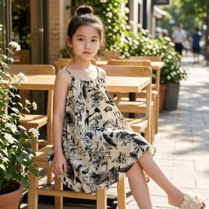 Princess Style Printed Long Dress Childrens Summer Casual Strapless Dress Baby Girls Korean Version Clothing Short Sleeve