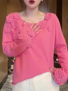 UYFY | Pink Round Neck Long Sleeve Knitted Sweater Womens Casual Style Floral Design Large Size Autumn New Fashion Knitwear