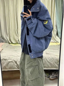 Deep Blue Canvas Jacket Mens Autumn Detroit Workwear Pilot Jacket Cleanfit American Baseball Uniform Loose Fit Youth Trend