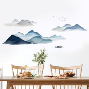 Decal giấy dán tường Tranh Thủy Mặc Núi Non Tối Giản Có keo sẵn-Phong cách Sơn Thủy Hiện đại