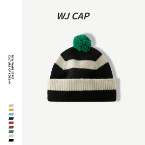 【WJ】Mens and Womens Cute Knitted Ball with Colorful Stripes Knitted Hat for Winter Warmth Ear Protection Headband Hat Korean Edition Knitted Hat Christmas hat