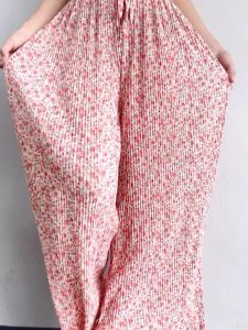 กางเกงขากว้างผ้า ไหมน้ำแข็งรุ่น แคบสำหรับผู้หญิงฤดูร้อน กางเกงเอวสูงบางตรง จีบตรง พิมพ์ กางเกงชาย หาดลำลอง