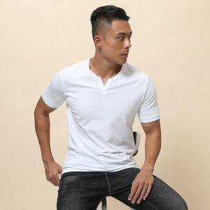 Slim Fit Cotton V-Neck Short Sleeve T-Shirt Mens Retro American Style Cool Feeling Solid Color Thin High-End Hard Man Shirt