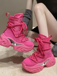 Spring New Style Womens High Top Dad Shoes Thick Bottom Platform Short Boots Martin Boots Comfortable Breathable PU Leather