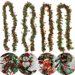 YESPERY New 2m Sparkling Christmas Ribbon Snowman Christmas Socks Gingerbread Man Christmas Tree Garland Tinsel Hanging Decoration for Christmas Decoration Party Supplies