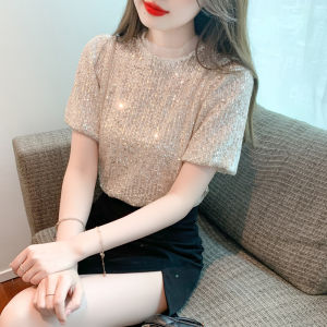 เสื้อเชิ้ตแขนพองผ้าชีฟองคอตตอนทรงสลิมฟิตสำหรับผู้หญิงในช่วงฤดูร้อนปี 2023 แขนสั้นลายลูกไม้สไตล์เกาหลี