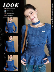 Blue Irregular Scallop Edge Long Sleeve T Shirt Top