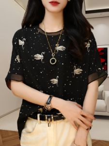 Áo Thun Tay Ngắn Satin Cao Cấp in Hình Ngỗng Cổ Tròn Mỏng Thời Trang Mùa Hè Cho Nữ Chất Liệu Khác 100% Dáng Rộng Thường Ngày