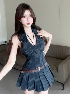 GUZILIAN | Retro Striped Off-Shoulder A-Line Mini Skirt Women Summer Design Sense Slimming Pleated Short Dress Korean Style Casual Wear