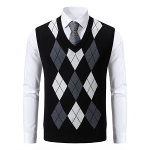Mens Soft Sweater Vest Spring Autumn Sleeveless Knitted Pullover Husband Dad Fashion Knitted Vests Black Grey Plaid S-2XL