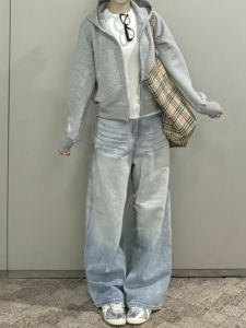 Quần Jeans Denim Xanh Nhạt Cạp Cao Ống Rộng Dài Đến Sàn Cho Nữ Quần Jeans Denim Cao Cấp Thời Trang Mùa Xuân 2024