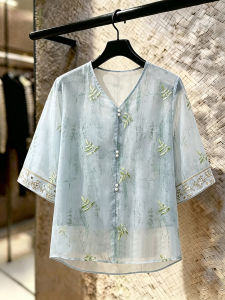 SHUAIYUE | Áo Blouse Chiffon Tay Ngắn Cổ V Phong Cách Trung Quốc