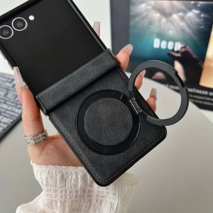Magnetic Leather Phone Case For Samsung Galaxy Z Flip 7 FE 6 5 4 3 Flip7 Flip6 Flip5 5G Ring Holder Hinge Protective Cover