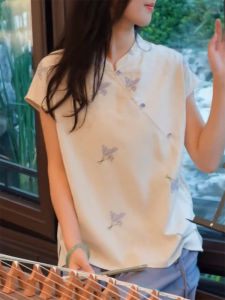 QINGNAER | Plus Size Gentle Style Casual Fashion Chinese Style Brocade Stand Collar Slanted Cuff Shirt
