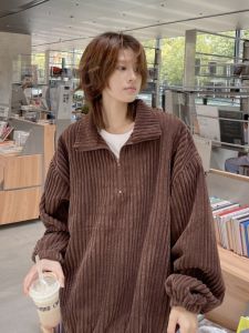 Vintage Corduroy Hoodie Mens Spring Autumn American Style Half Zip Oversize Heavyweight Pullover Sweatshirt Casual Wear