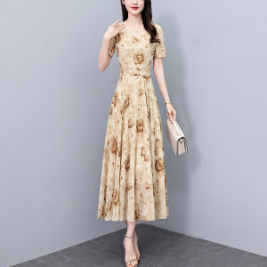 Impression Fashion Women Elegant Chiffon V-neck Short Sleeve Floral Slim Cutting Tunic High Waist Plus Size Long Dress