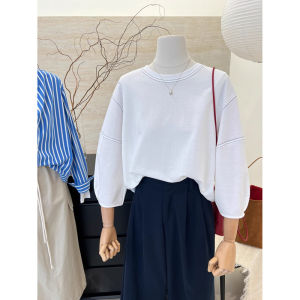 Bright Line Stylish Niche Style Three-Quarter-Length-Sleeved T-shirt Womens Spring and Autumn K-style Loose Slim Looking Bottoming Shirt Bishop Sleeves Top