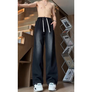 American Style Mens Black Wide Leg Jeans Long Straight Loose Trousers Autumn Design High Waist Cotton Polyester Blend