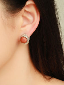 Natural Stone Mosquito Coil Tray Ear Clip Gold Sand Rock South Red Agate No Piercing French Medieval High End Elegant Fashion Jewelry
