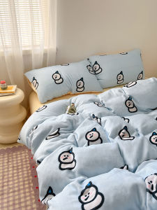 Cute Snowman Milk Velvet Bedding Set Winter Fleece Duvet Cover Sheet Dormitory Three-piece Set Bedding Cartoon Print Warmth Storage