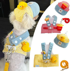 Spring/Summer Pet Wire Rope Pulling Rope Cute Hat Three Piece Cat Clothes Outgoing Pulling Set Dog Harness and Leash Set