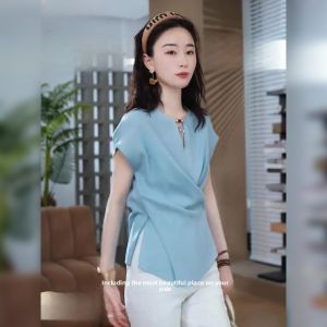 BINKAFENNY | Blue Hollow Out Short Sleeve Shirt For Plump Women Korean Style Loose Fit Summer Top Ageless Fashion Casual Workwear