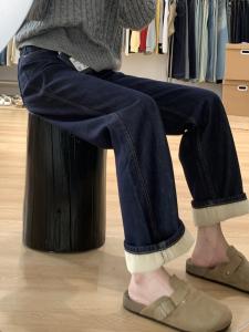 กางเกงยีนส์ทรงตรงเอวสูงหนาสำหรับผู้หญิงในฤดูหนาว กางเกงขายาวทรงหลวมสไตล์ย้อนยุค กางเกงขายาวทรงหลวมสำหรับผู้หญิงไซส์ใหญ่