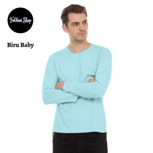 Kaos Polos Pria Oneck Lengan Panjang Bahan Katun Combed 30s Warna Biru Baby