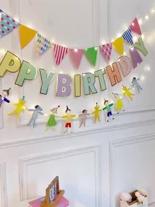 Happy Birthday Banner Set Colorful Paper Hanging Flag Birthday Theme Party Decorations Boys Girls Baby Shower Decor Photo Props