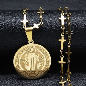 Saint Benedict Medal Stainless Steel Necklace for Women Gold Color Jesus Cross Chain Necklace Jewelry Cadenas Mujer N7913GDS02