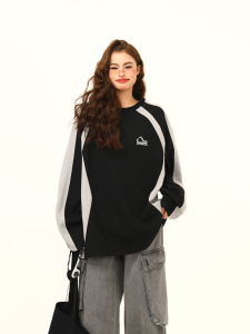 Wild Azi American Retro Stylish Color-Block Crew Neck Sweatshirt Womens Autumn Easiest for Match Loose and Idle Pullover Long Sleeves