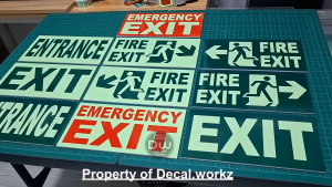 Fire Exit Arrow Glow in the Dark Sign Cut Out Luminous Sticker in Sintra board