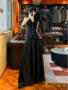 SHANGSHA | Elegant Graceful Black Vest Dress Set