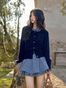 seemon | Áo Len Cardigan Tay Dài Màu Xanh Navy Dáng Vừa Nhỏ Phong Cách Hàn Quốc