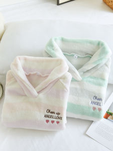 Kids Autumn and Winter Thickening Flannel Pajamas Girl Candy Color Stripes Pullovers Home Wear Boy Heattech Unlined Top