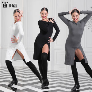 Tianhui New Latin Dance Womens Slimming Dress Practice Suit Exam Performance Modal Long Sleeve Dress for Salsa Rumba And More