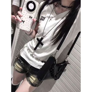 Flattering V-Neck Letter Print T-Shirt with Textured Design