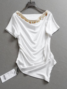 Slim Fit Shoulder Bared Pleated Ethnic Style Short Sleeve Womens T-shirt Summer New Fashion Versatile Casual Wear T407