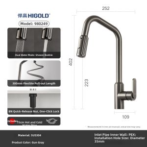 HIGOLD | Quick-Install Pull-Down Splatter-proof Kitchen Faucet 304 Stainless Steel