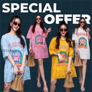 ส่งเร็ว! Minidress ลายลูกไม้ เป็นเชิงหยักๆตรงชายล่าง แต่งลายสกรีน เพิ่มลูกเล่นให้ดูน่ารักสดใสสไตล์ Korea ใส่กับกางเกงขาสั้น ตัวเดียวจบ ใส่ง่