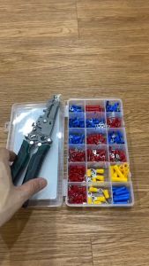 Bộ kìm cos đa năng gập gọn kèm lưỡi dao rọc cáp + 300 đầu cos cách điện đấu nối điện chuyên nghiệp