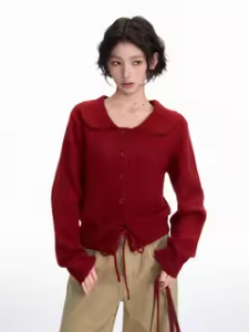 BAIDAIFEI | Lace Hollow Lace-Up Waist Short Long Sleeve Knit Sweater