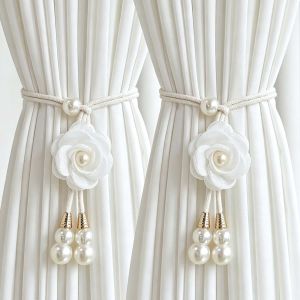 2Pcs Adjustable Modern Floral Curtain Tieback Minimalist 3D Camellia Flower Pearl Curtain Tie Bedroom Punch-Free Curtain Strap Elegant Curtain Buckle