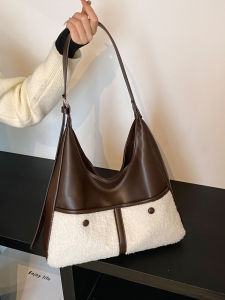 Lamb Fur Spliced Large Capacity Womens Tote Bag Commuter Underarm Bag Single Shoulder Bag Crossbody Bag Korean Style PU Leather