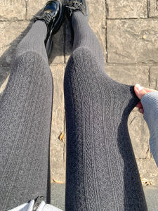 กางเกงขายาวผู้หญิงสีเทาถัก เอวสูง ทรงสลิมฟิต หนา อบอุ่น ยืดหยุ่น สวมใส่สบาย กางเกงขายาวผ้าฝ้าย